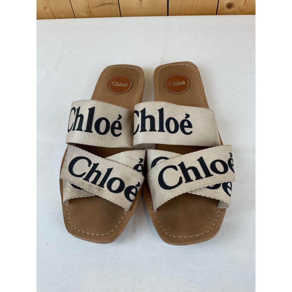 Chloé Beige Logo Ribbon Slide Sandals - Picture 2 of 6
